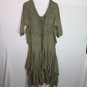 Flower Women Plus Size Boho Embroidered Lace Up Corset Rayon Dress Olive Green